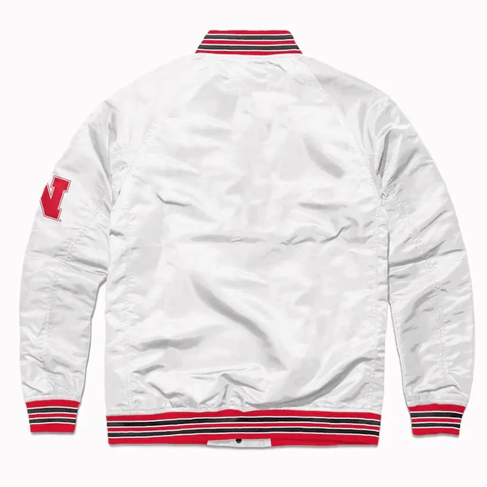 Alternative view of Nebraska Cornhuskers Script White Satin Bomber Varsity Jacket