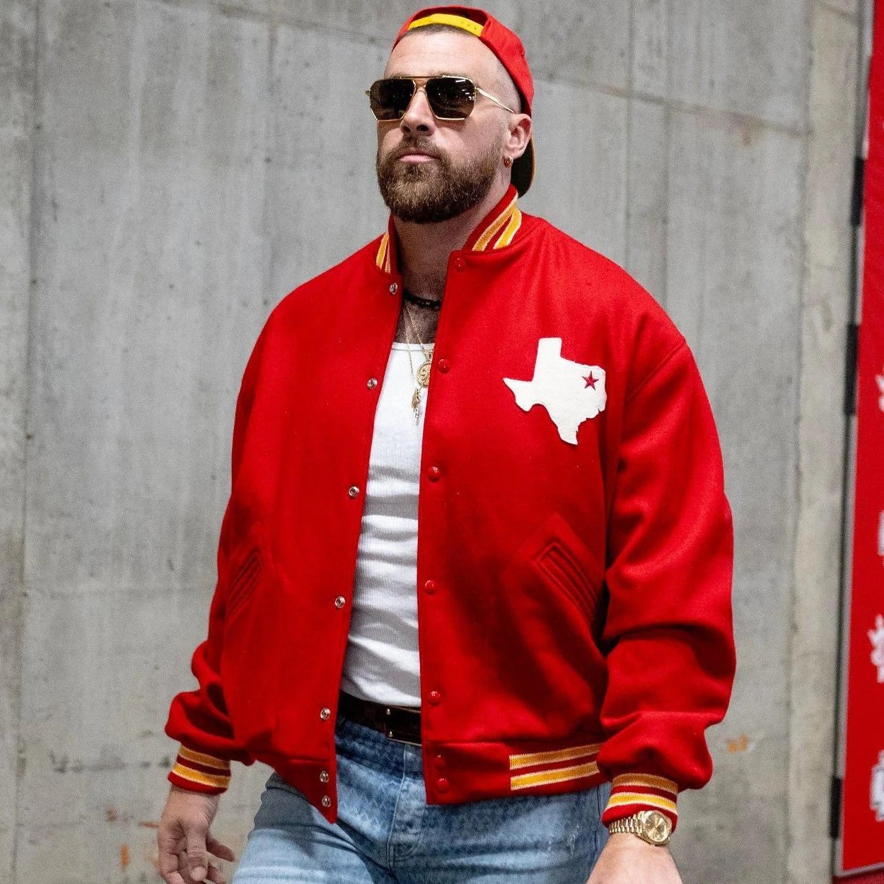 Travis Kelce Dallas Texans Red Wool Varsity Jacket