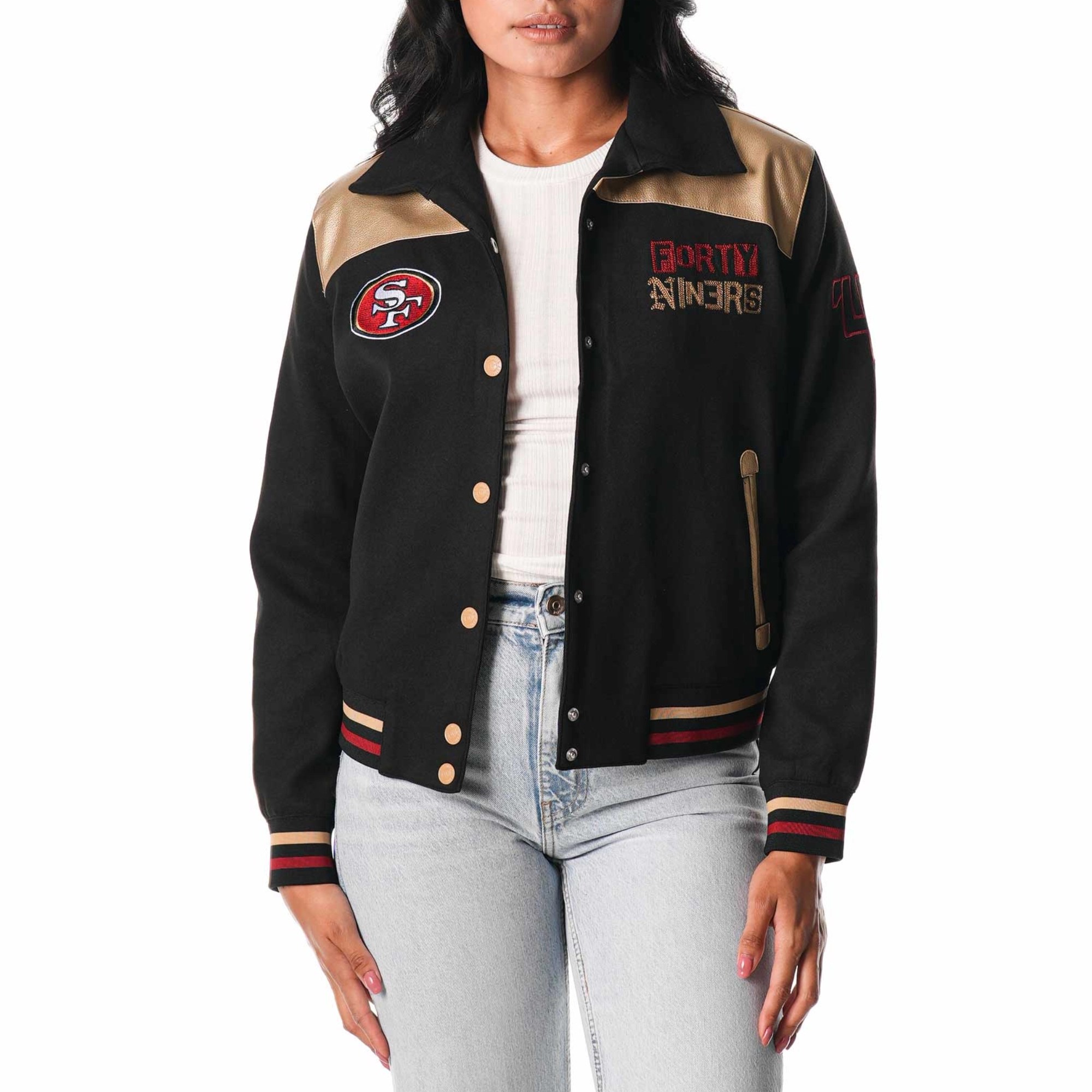 San Francisco 49ers Women's Suede Full-Snap Black Bomber Jacket