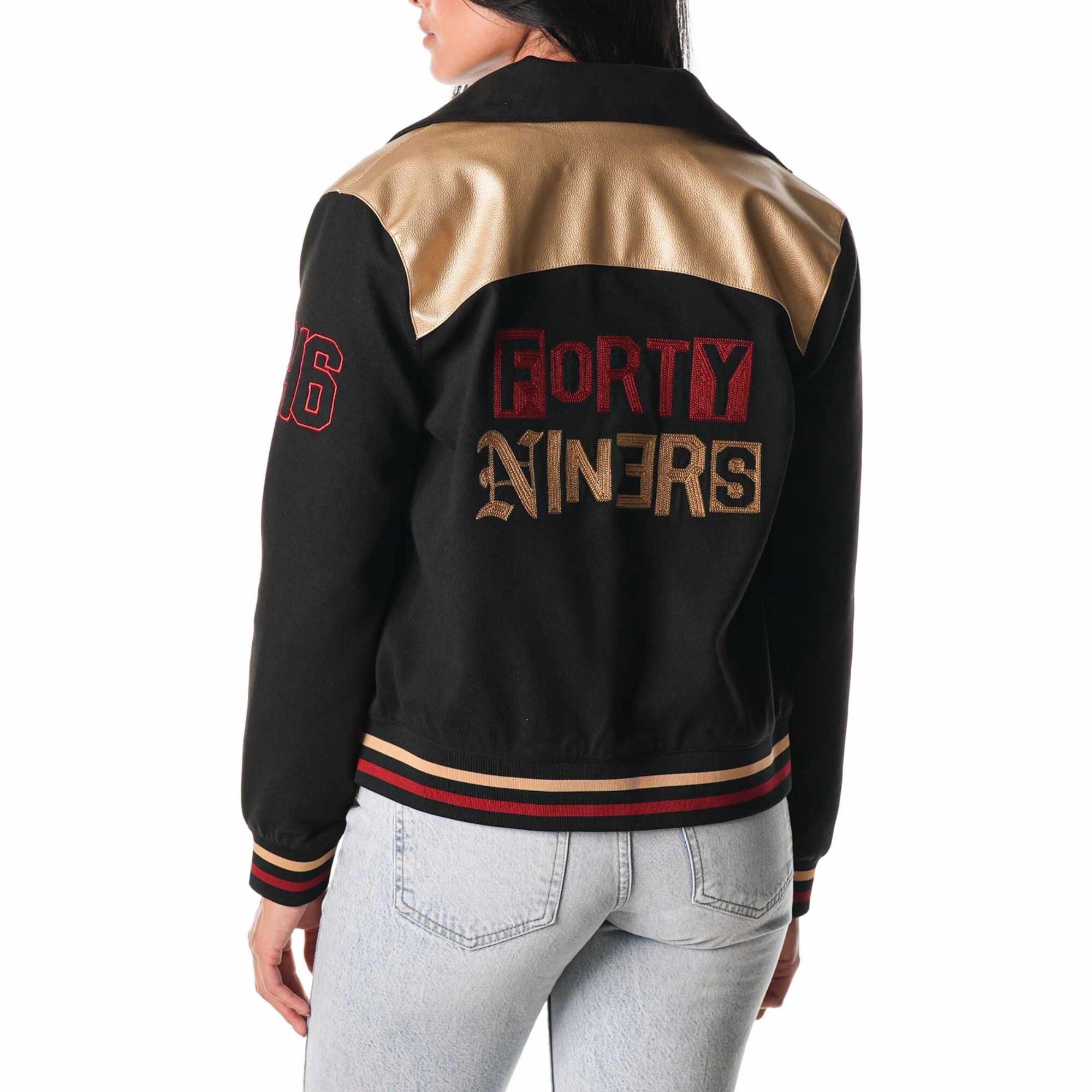 San Francisco 49ers Women's Suede Full-Snap Black Bomber Jacket - Image 2