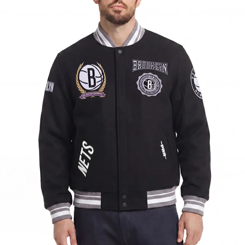 Brooklyn Nets Crest Emblem Black Wool Jacket