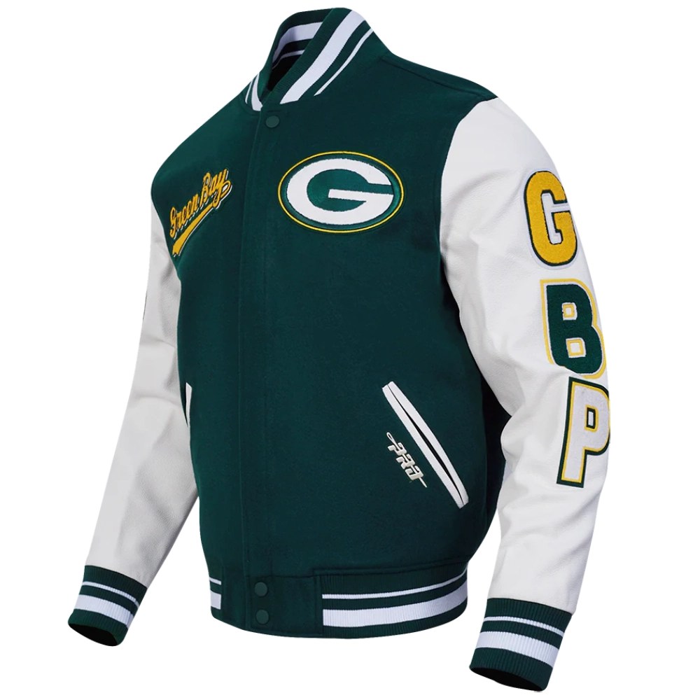 Alternative view of Green Bay Packers Script Tail Green/White Varsity Jacket