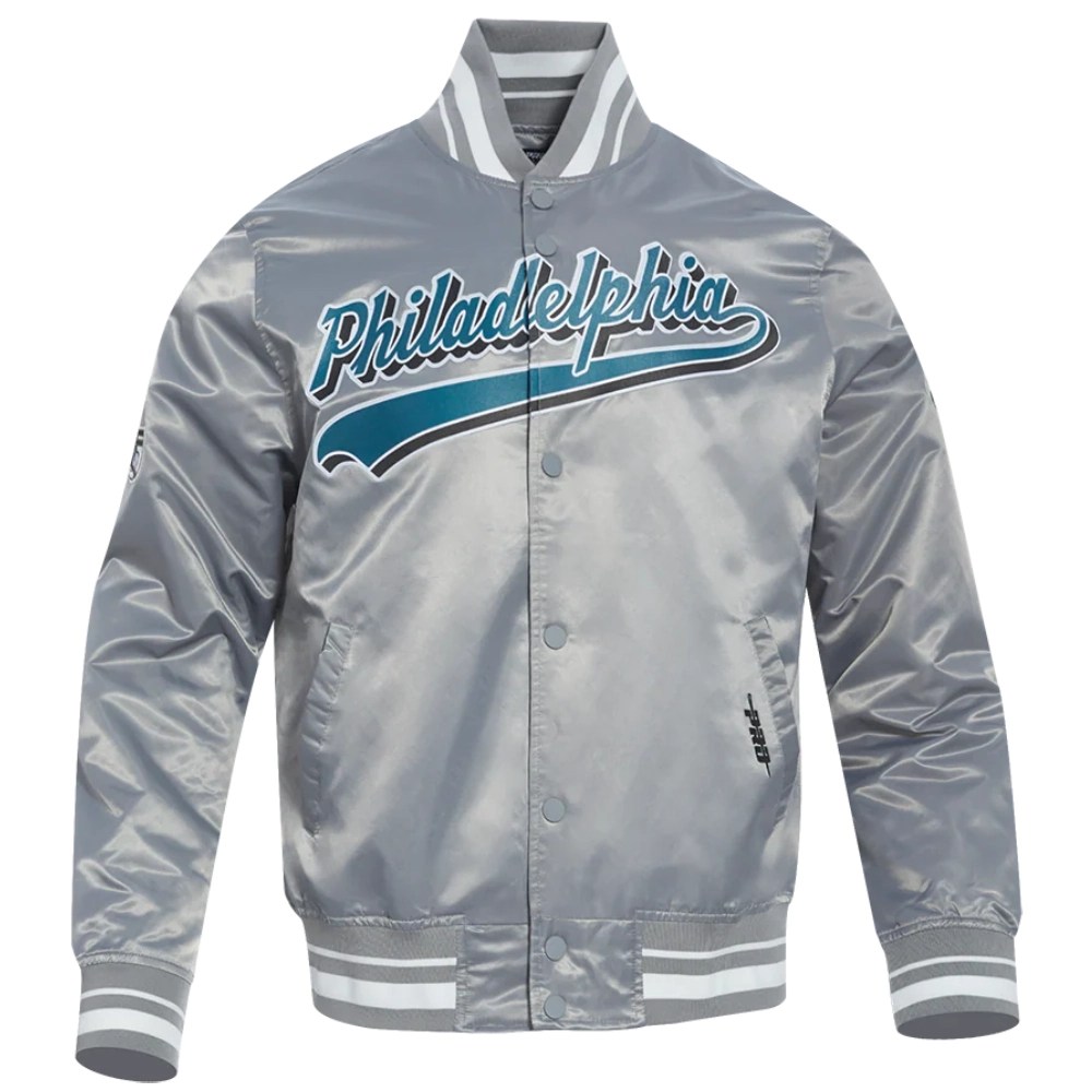 Philadelphia Eagles Script Tail Gray Satin Jacket