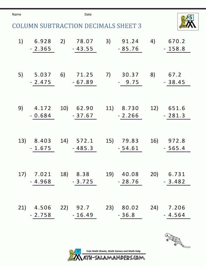 decimal subtraction worksheets 99worksheets