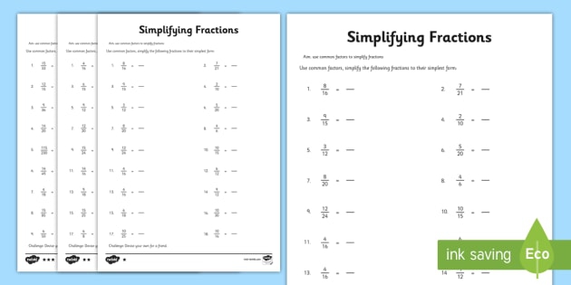 Fractions review and simplifying fractions worksheets