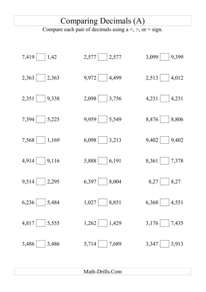 comparing decimals worksheets 99worksheets