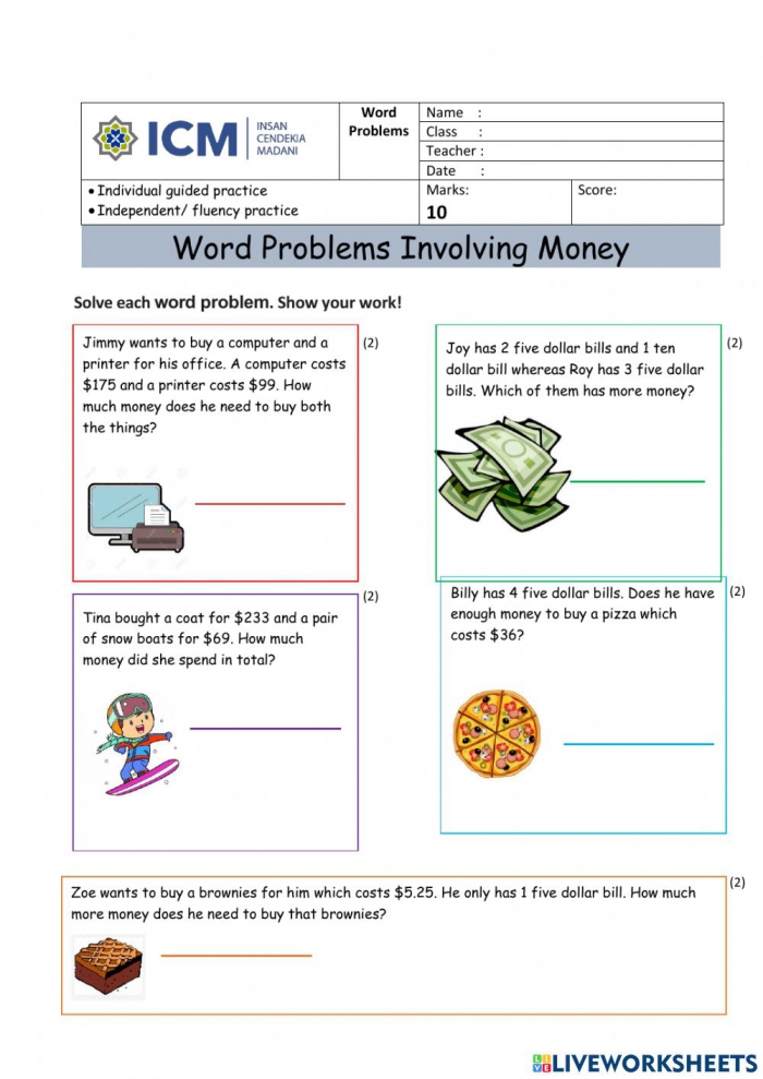 adding money word problems worksheets 99worksheets