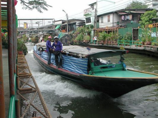 A cheap way to get across Bangkok. Just hop on and off. The water is filthy. So it's good that the blue sides go up and down.