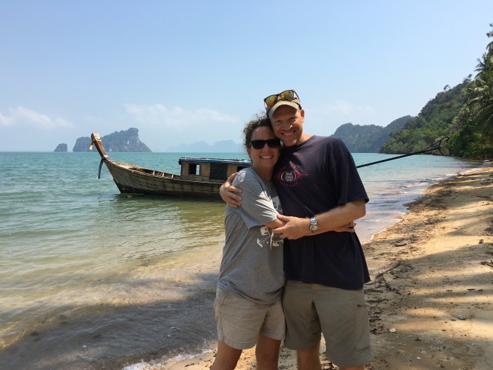 Happy 16th Anniversary! In front of Coco Bello. Note the cute longtail boat in the background.