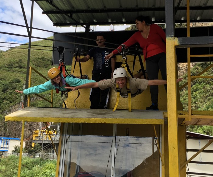 Anna and Daddy about to zipline for 1Km over the Pastaza river