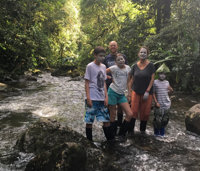 On our way to Hola Vida falls. Masks are almost dry