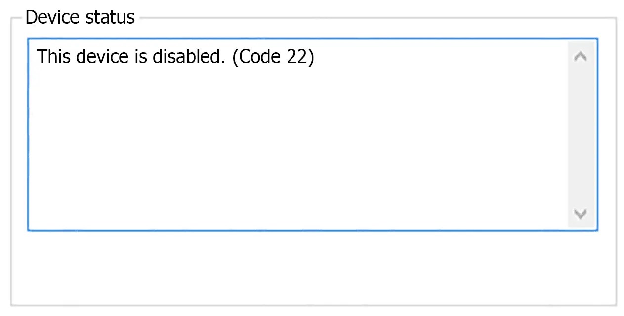 Device Manager showing Graphics Device Driver Error Code 22