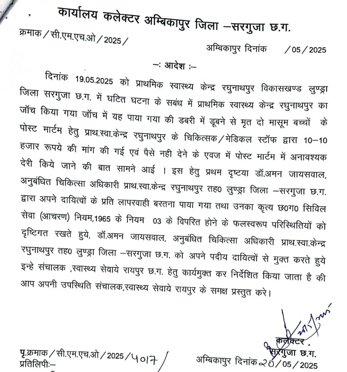 ब्रेकिंग: शव का पीएम करने के नाम रिश्वतख़ोरी का आरोप, बीएमओ सस्पेंड एवं डॉक्टर कार्यमुक्त 2 aamaadmi.in