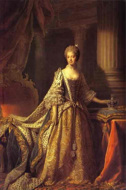 Chesterfield wing back queen anne high back fireside armchair sofa chair . Allan Ramsay. Portrait of Queen Charlotte.