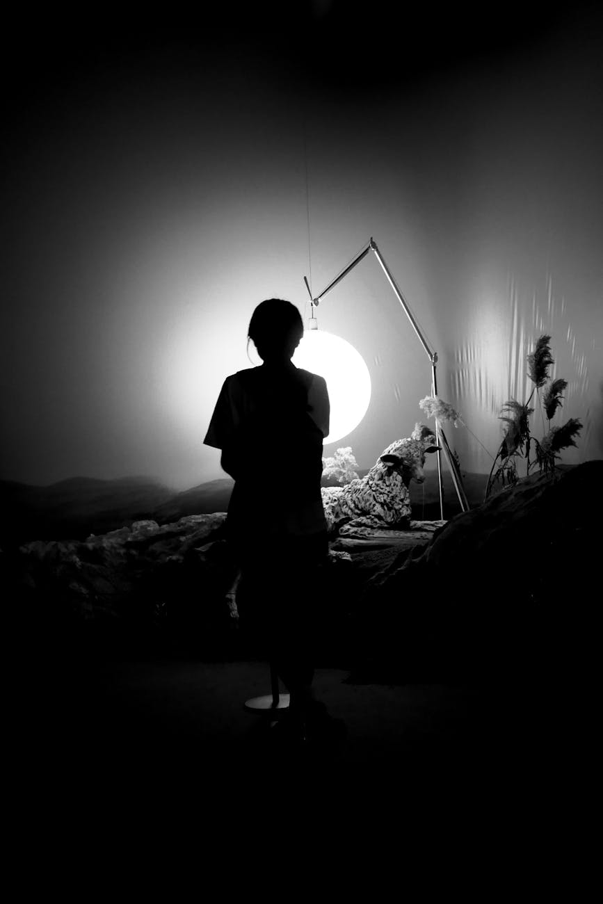 silhouette of child in artistic black and white lighting