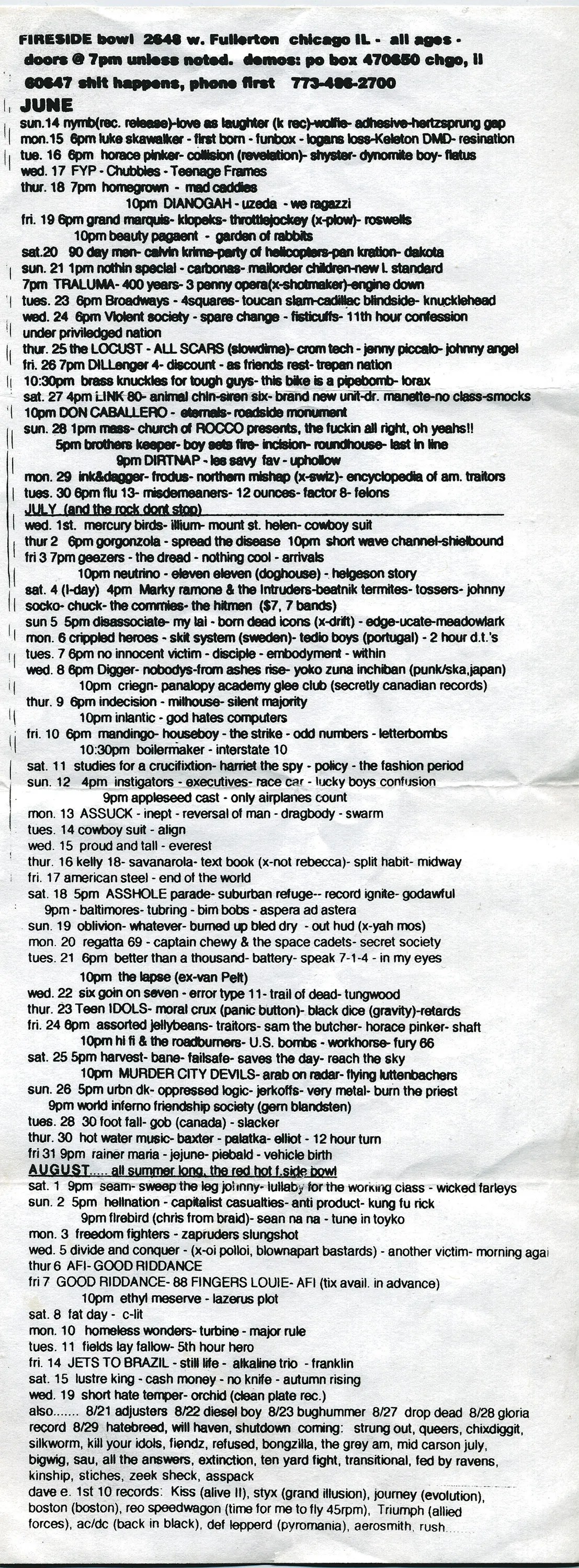 July 13th 1998. The Swarm at The Fireside Bowl And Lounge (Chicago, IL). With Inept, Reversal of Man, Dragbody