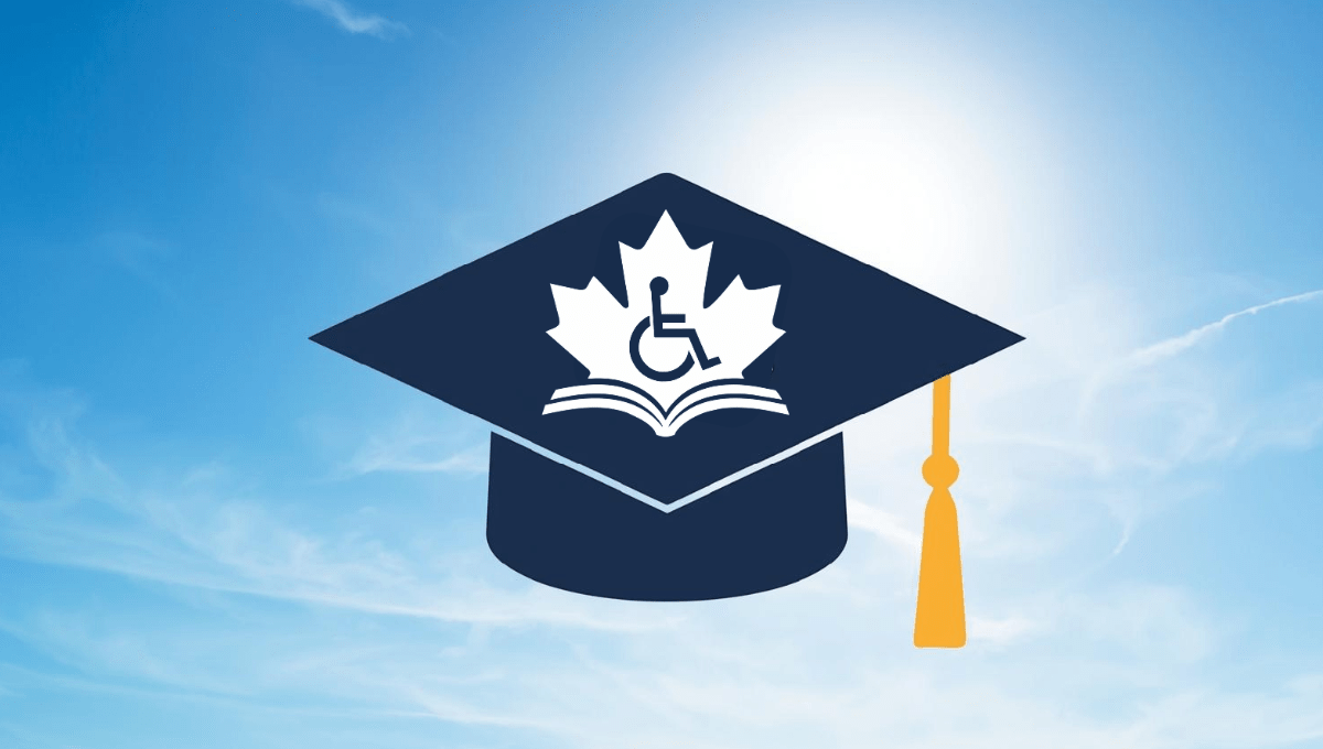 Graduation cap with wheelchair accessibility symbol and maple leaf representing inclusive education in Canada