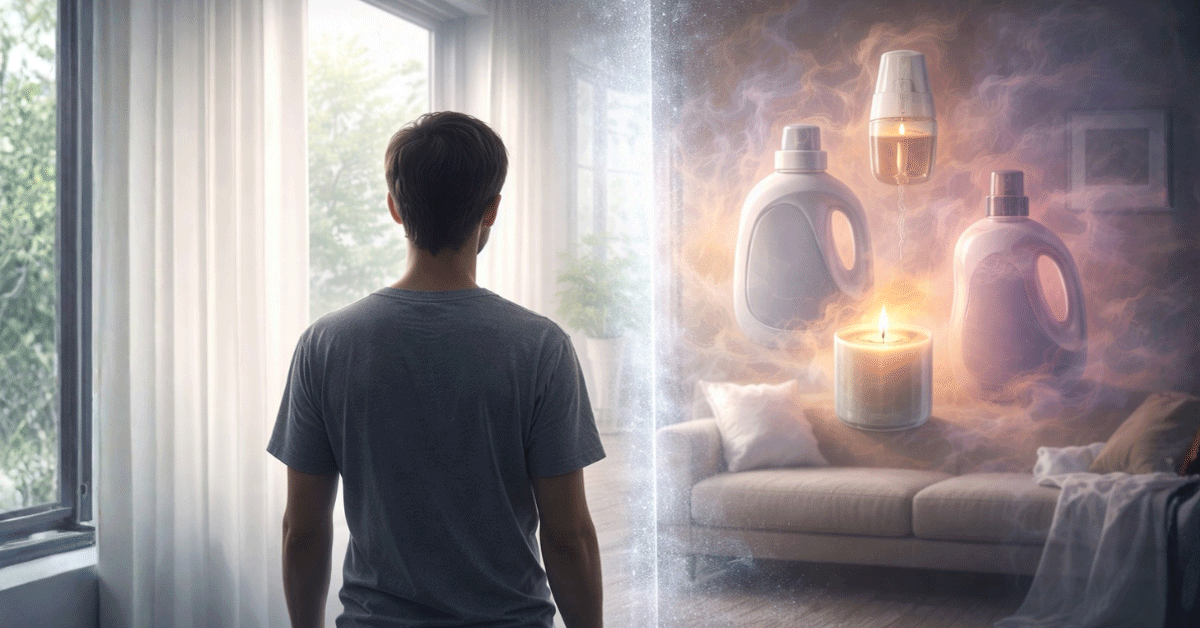 Man facing window with scented household products and candle smoke floating in living room, illustrating fragrance sensitivity and indoor air quality concerns.