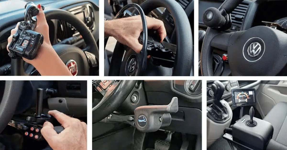 Adaptive hand controls installed in a wheelchair accessible vehicle, including steering wheel, joystick, and push-pull driving systems for drivers with disabilities.