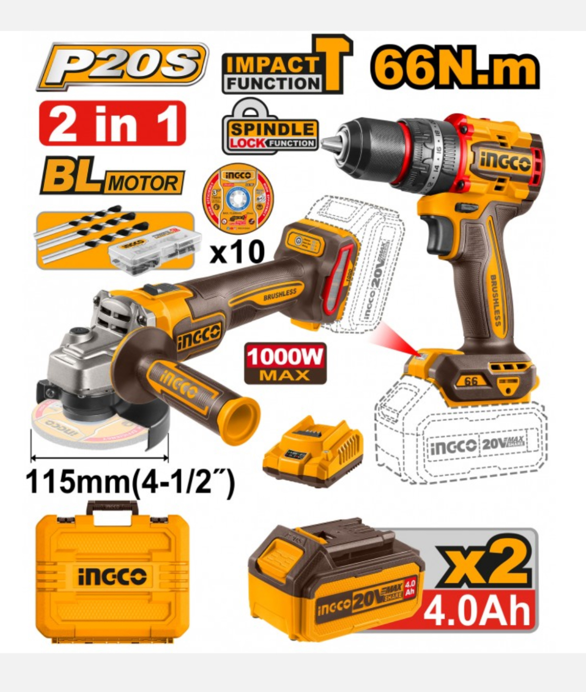 KIT TRAPANO AVVITATORE E SMERIGLIATRICE BRUSHLESS  INGCO  2 BATTERIE  20V 4.0AH
