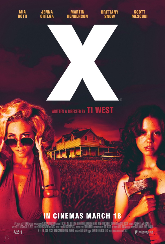 Poster of the horror movie, X. The poster features two of the female lead stars, Brittany Snow and Mia Goth. The picture is for display only under the fair use act.