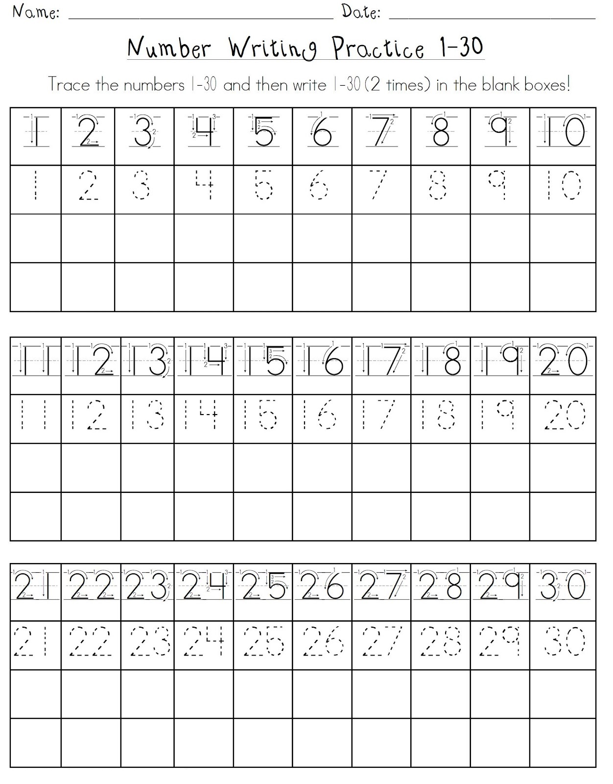 Printable Numbers 1-30