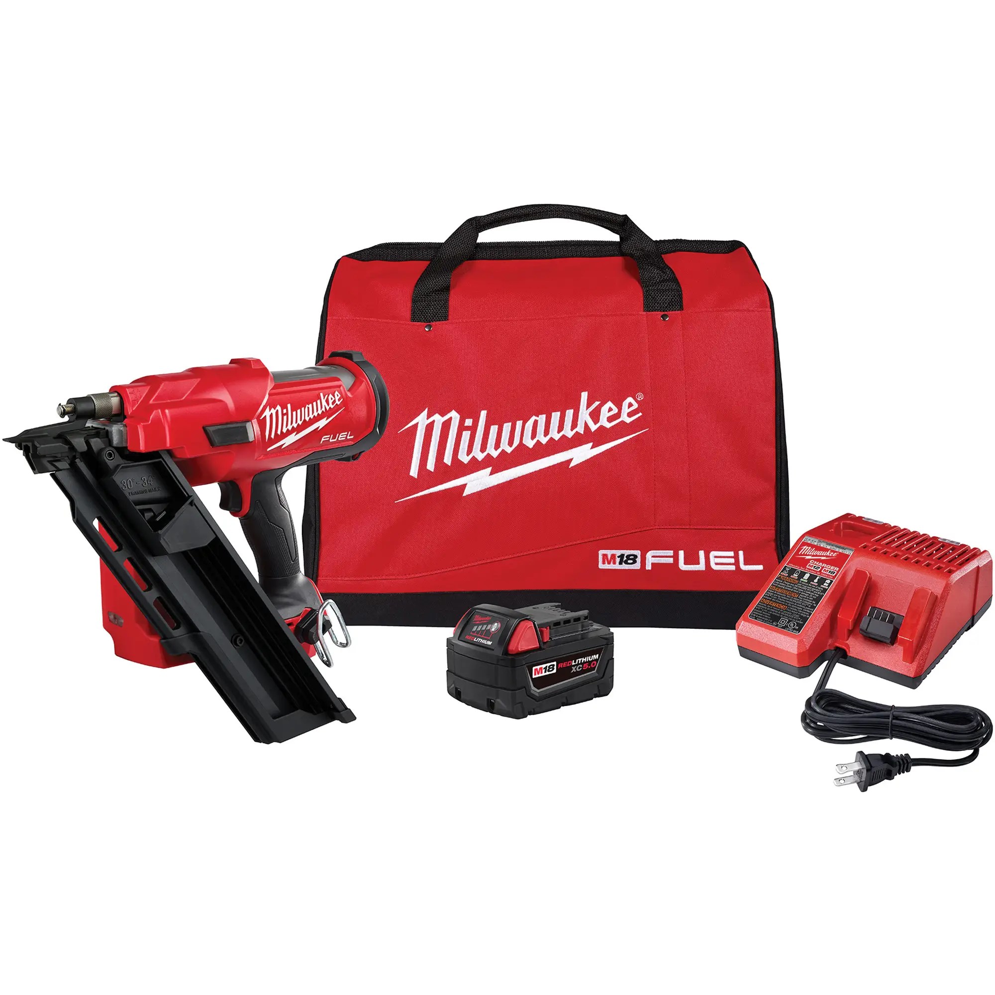 Red Milwaukee power tool kit including cordless drill/driver, batteries, charger, and a red carrying bag; brand name visible on tools and bag.
