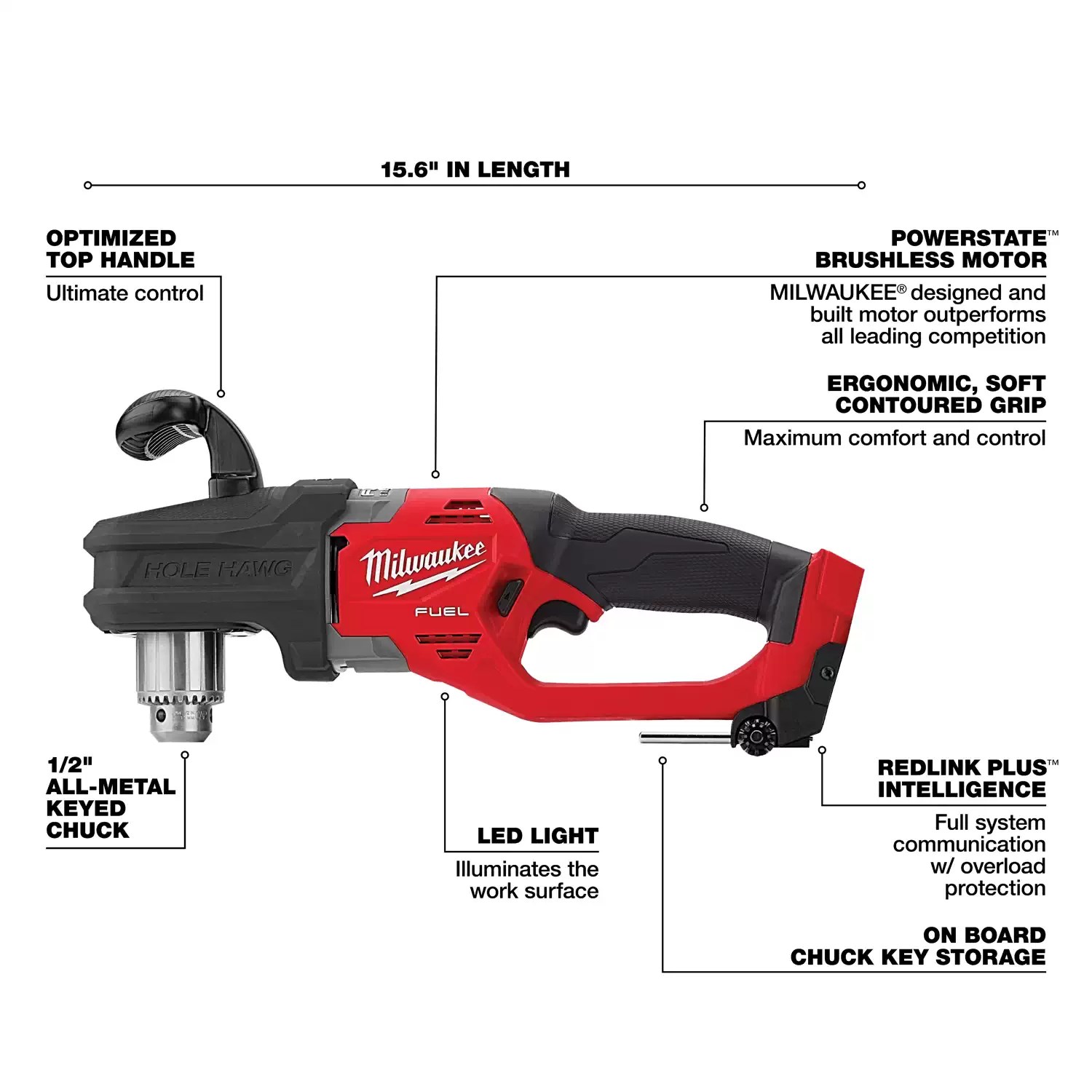 Milwaukee 2807-20 M18 FUEL Lithium-Ion Brushless Hole Hawg 1/2" Right Angle Drill - Tool Only