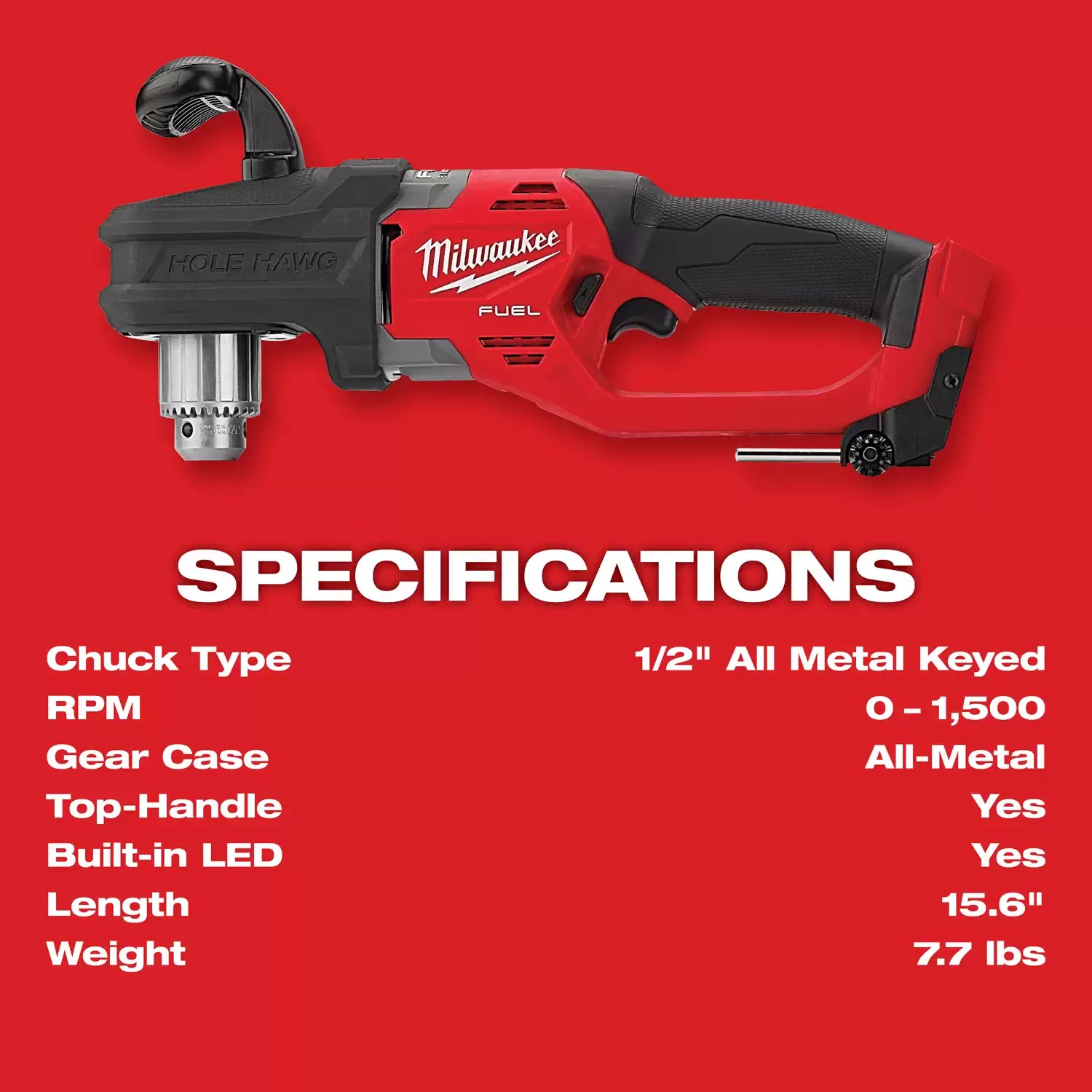 Milwaukee 2807-20 M18 FUEL Lithium-Ion Brushless Hole Hawg 1/2" Right Angle Drill - Tool Only