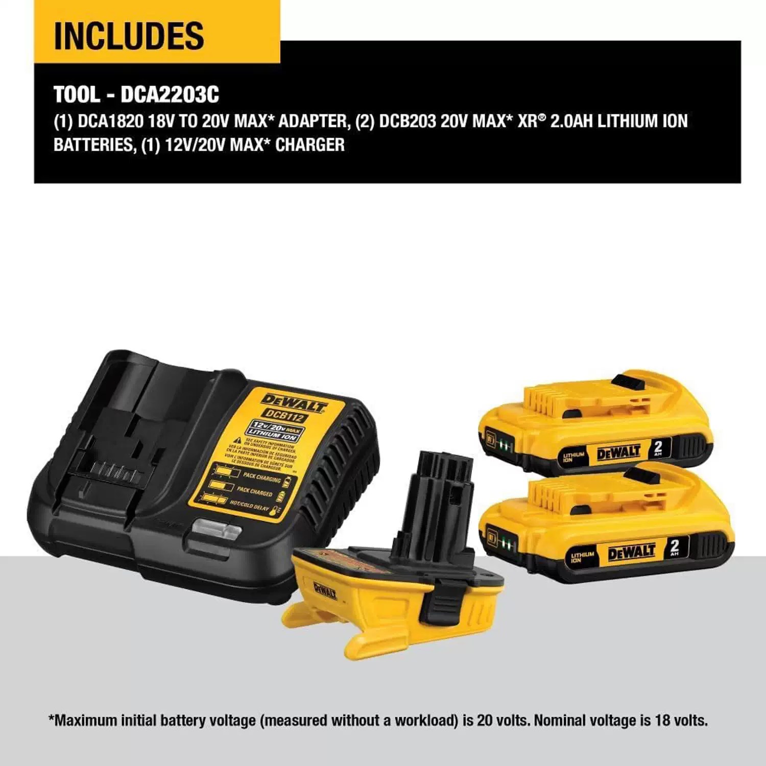 Dewalt DCA2203C 20V MAX to 18V Battery Adapter Kit W/ 2 DCB203 (2.0AH) & Charger