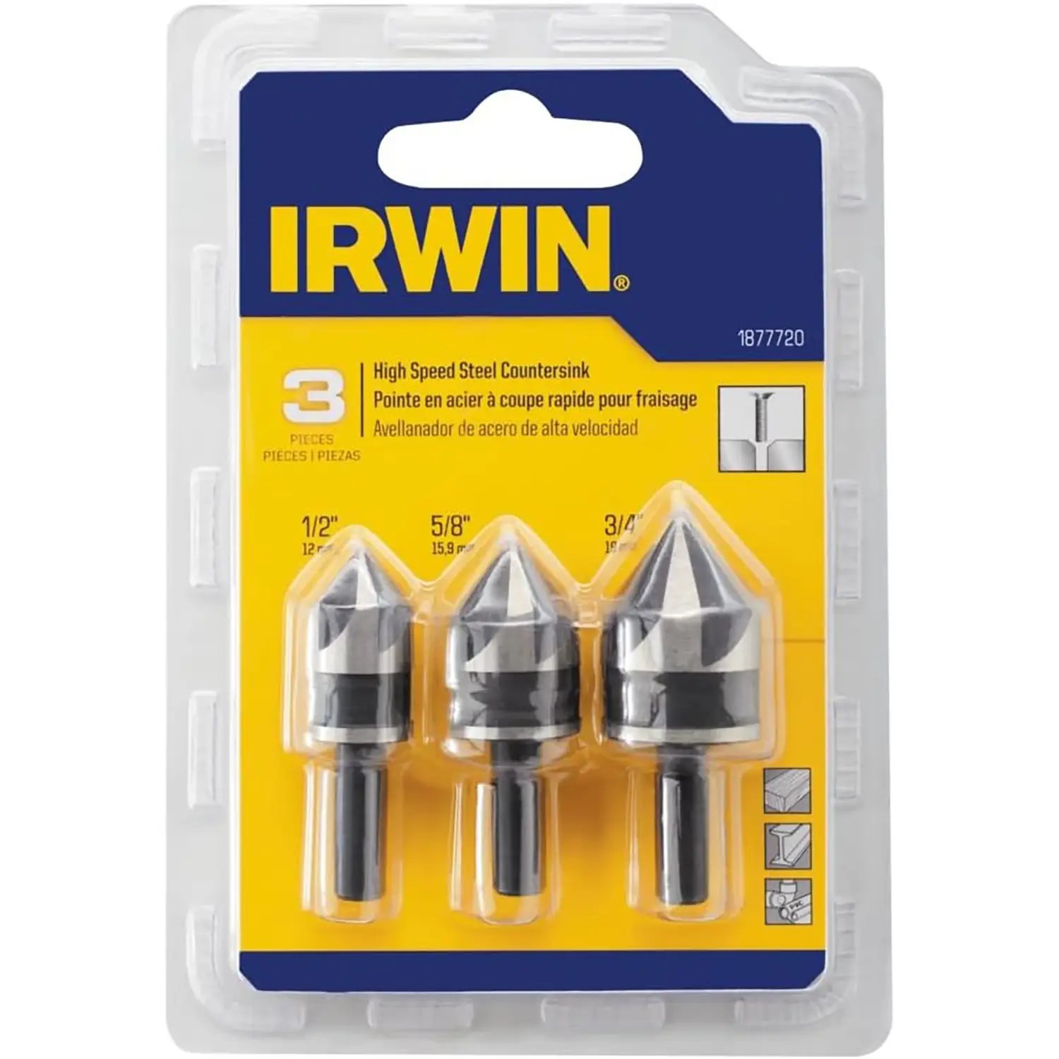 Irwin 1877720 3PC High Speed Steel Black Oxide Countersink Drill Bit Set (1/2", 5/8", 3/4")