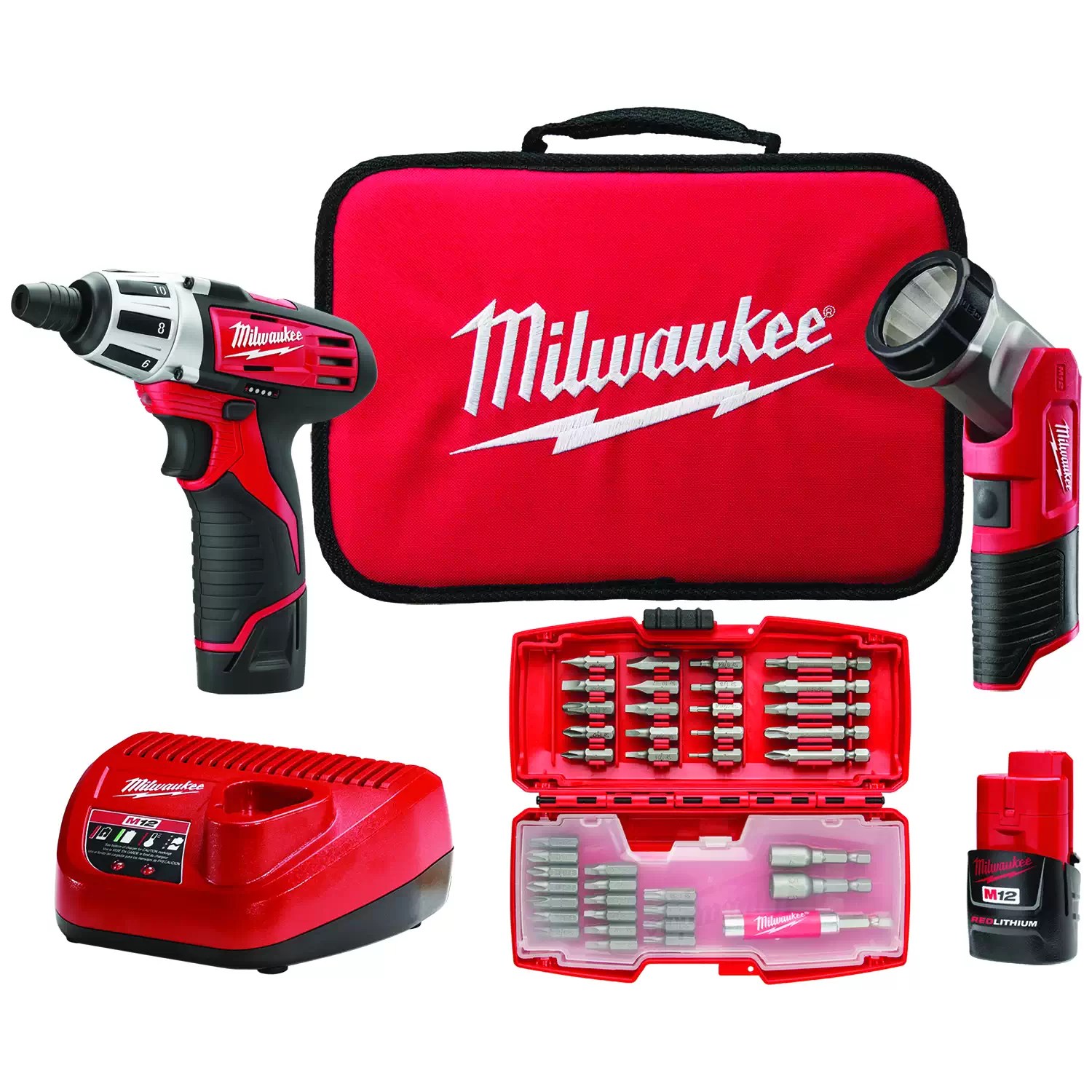 Milwaukee 2482-22 M12 12 Volt Lithium-Ion Cordless Screwdriver with Free LED Light & 42 pc. Bit Set Kit