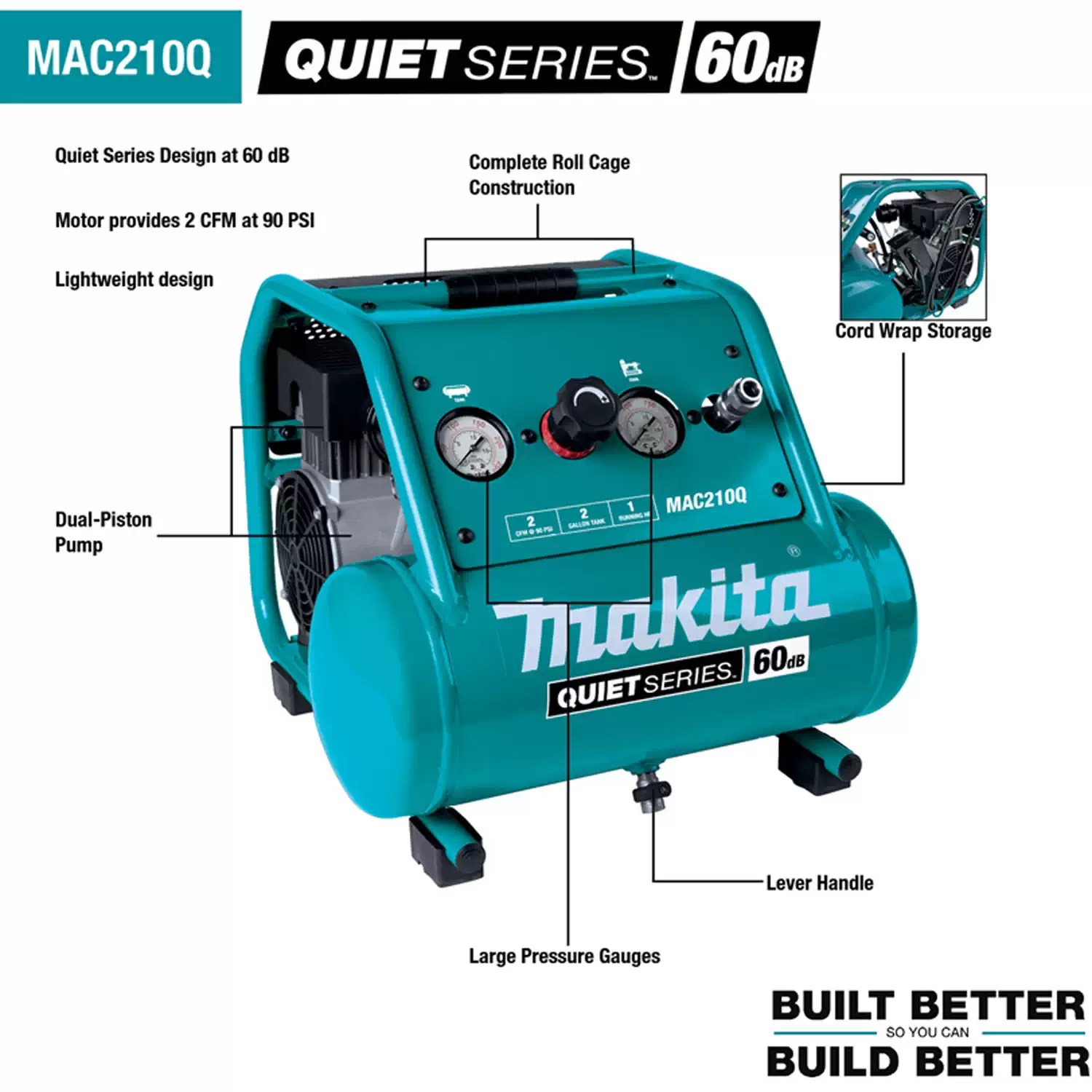 Makita MAC210Q 3CFM 1HP 2 Gallon Quiet Compressor Pneumatic, 120V