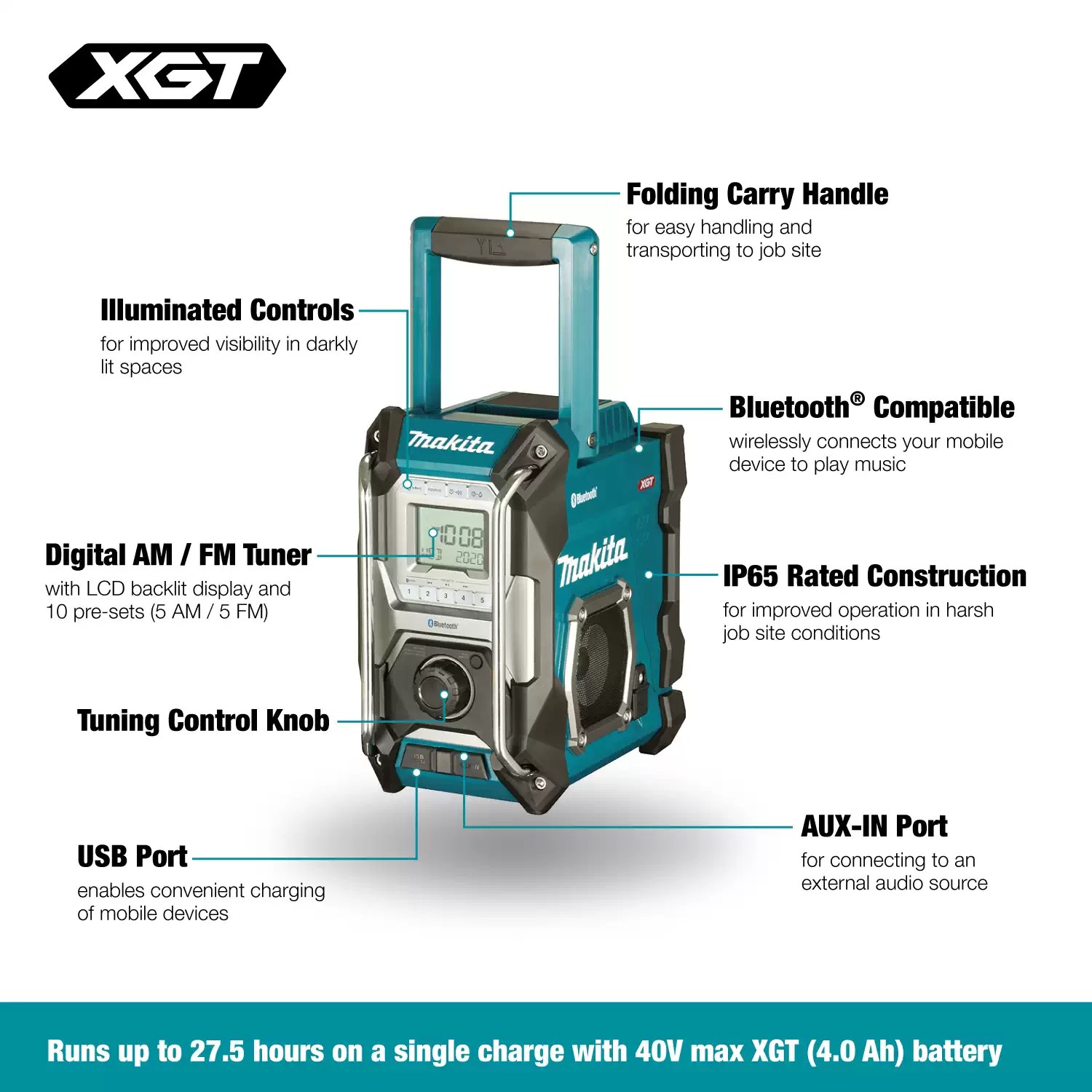 Makita MR002G 12-40V Max CXT LXT XGT Cordless Bluetooth Jobsite Radio With AC Adapter - Tool Only