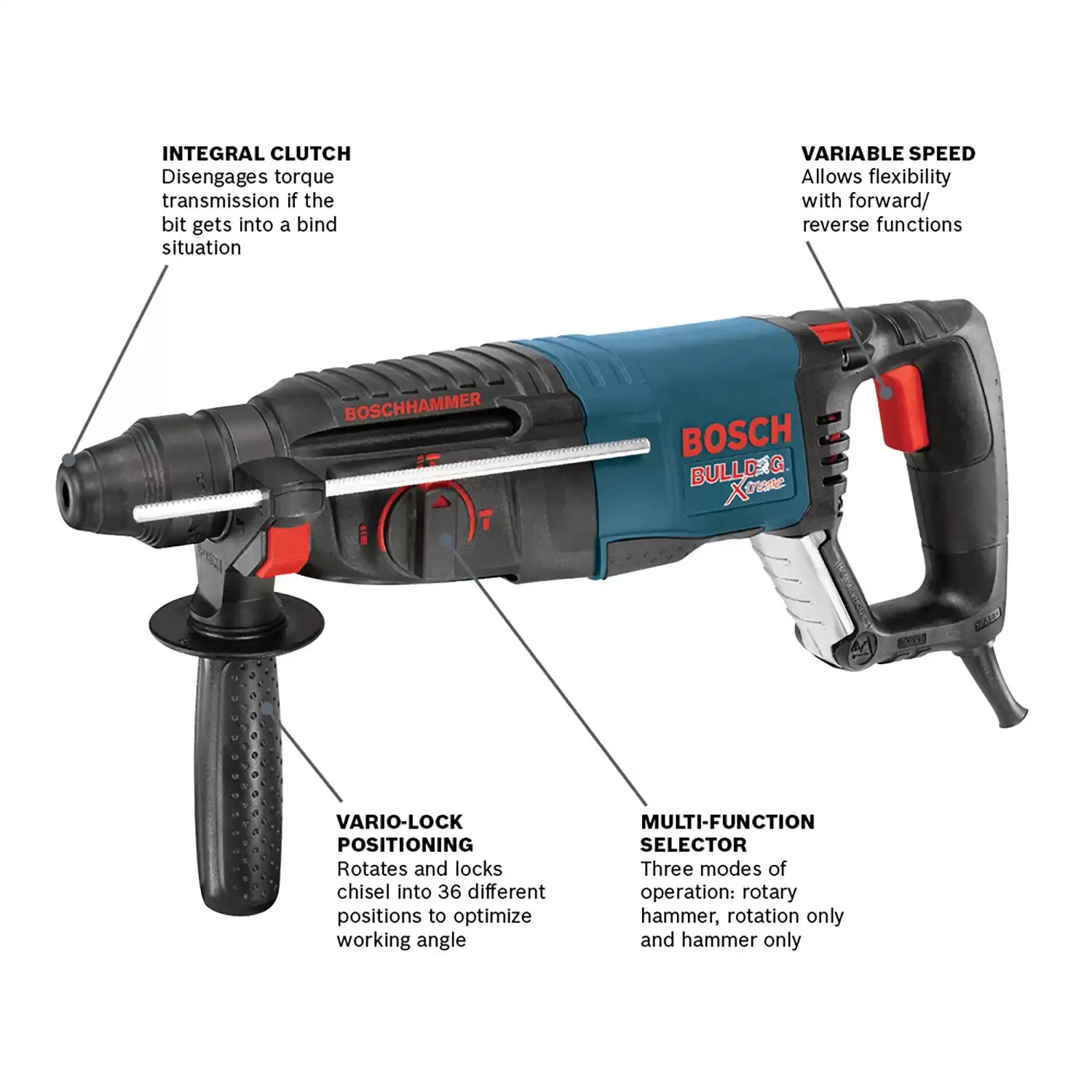 Bosch 11255VSR Corded Bulldog Xtreme 1″ 3-Mode Variable Speed SDS-Plus Rotary Hammer, 120V 8A