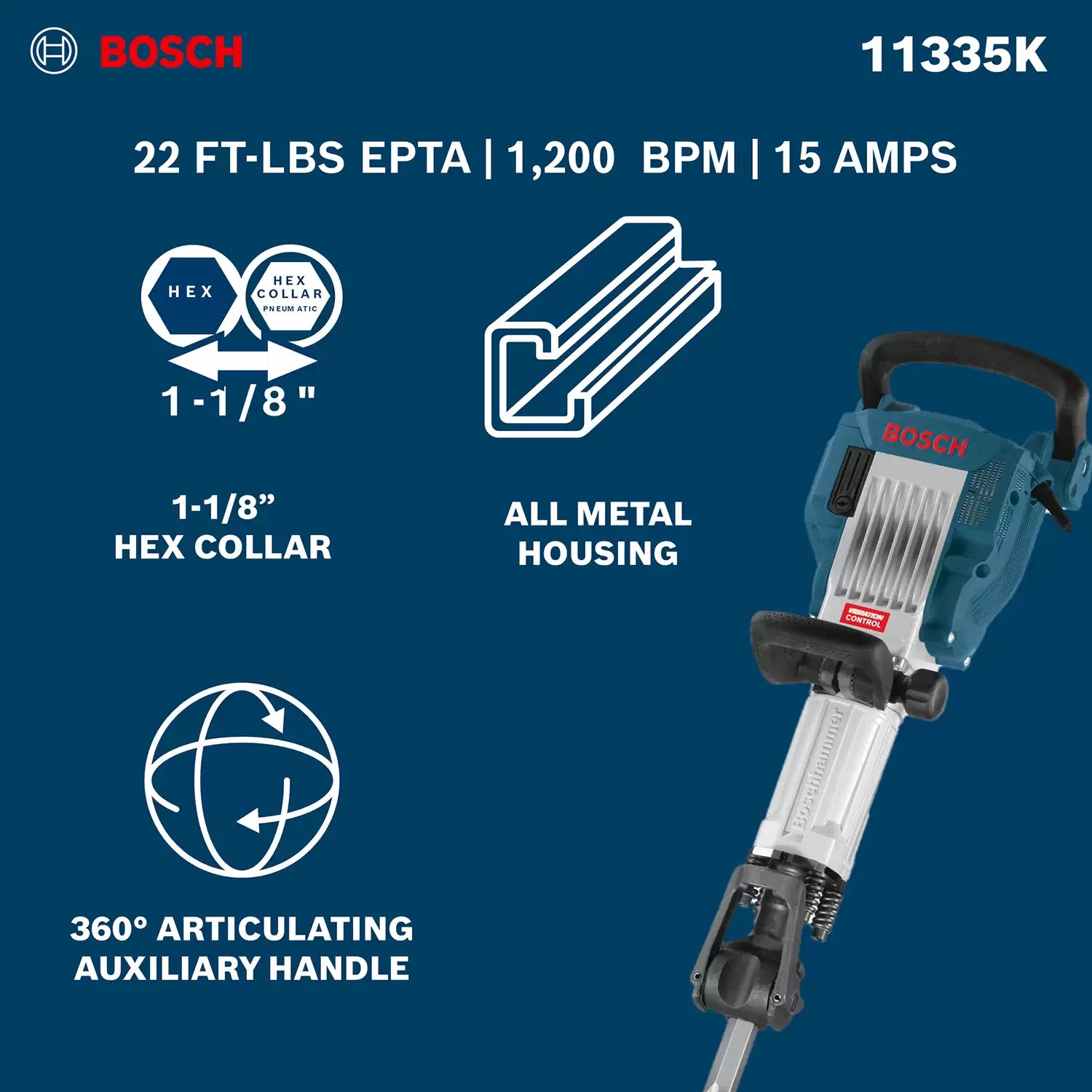 Bosch 11335K Corded 1-1/8" Hex Jack Breaker Hammer Kit, 120V 15A