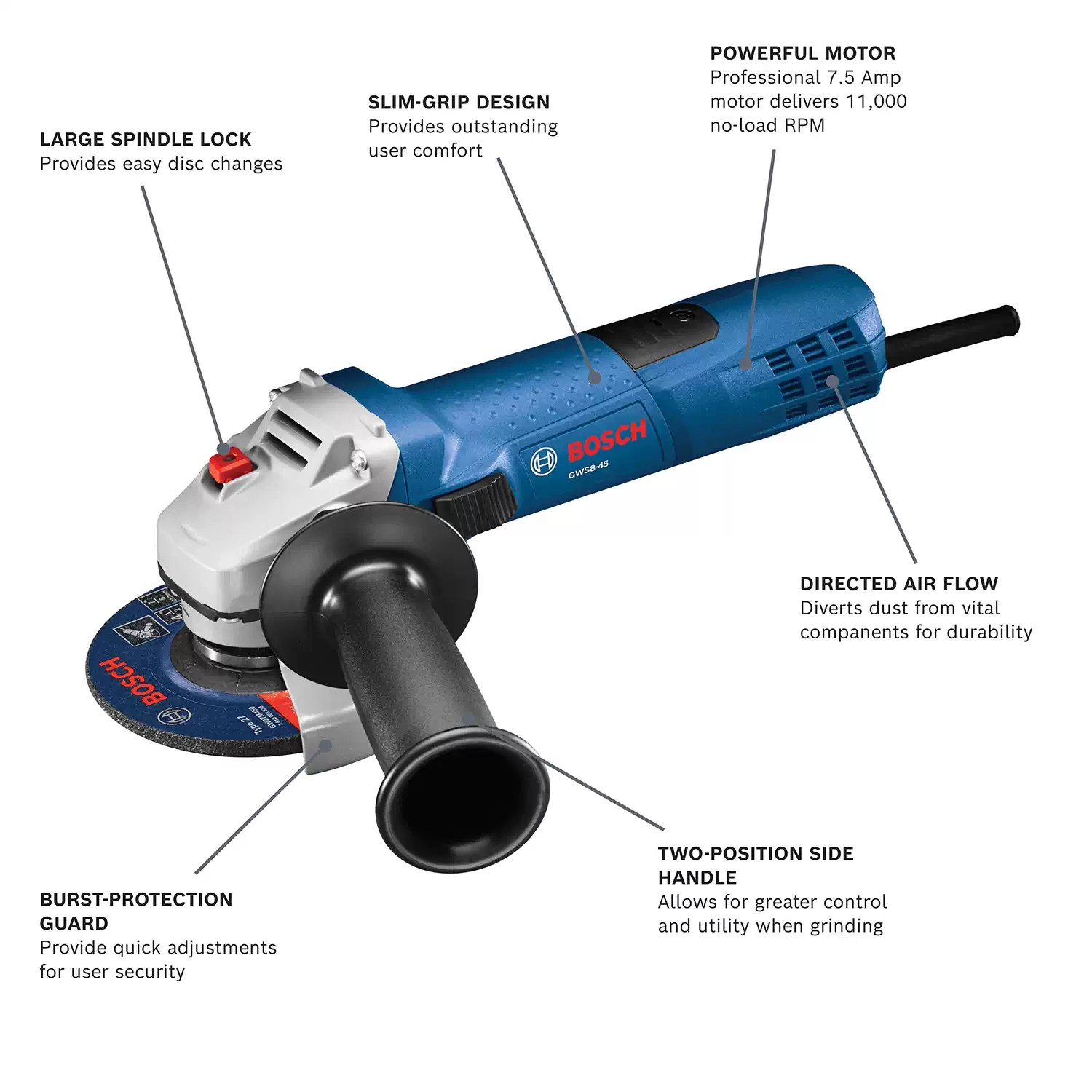 Bosch GWS8-45 Corded 4-1/2” Slim Angle Grinder, Lock-On Slide Switch, 120V 7.5A