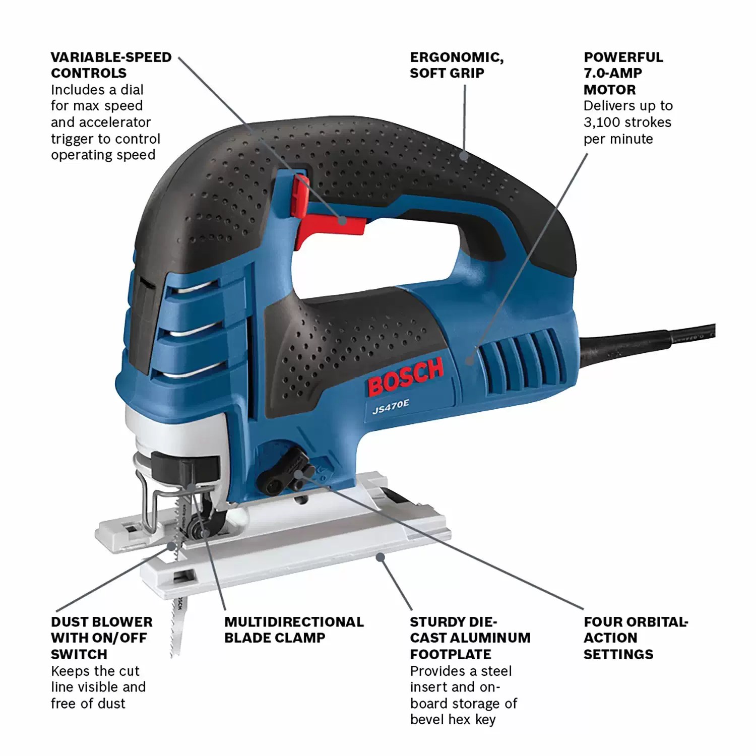 Bosch JS470E Corded Top Handle Variable Speed Orbital Jig Saw (1) Case, 120V 7.0A