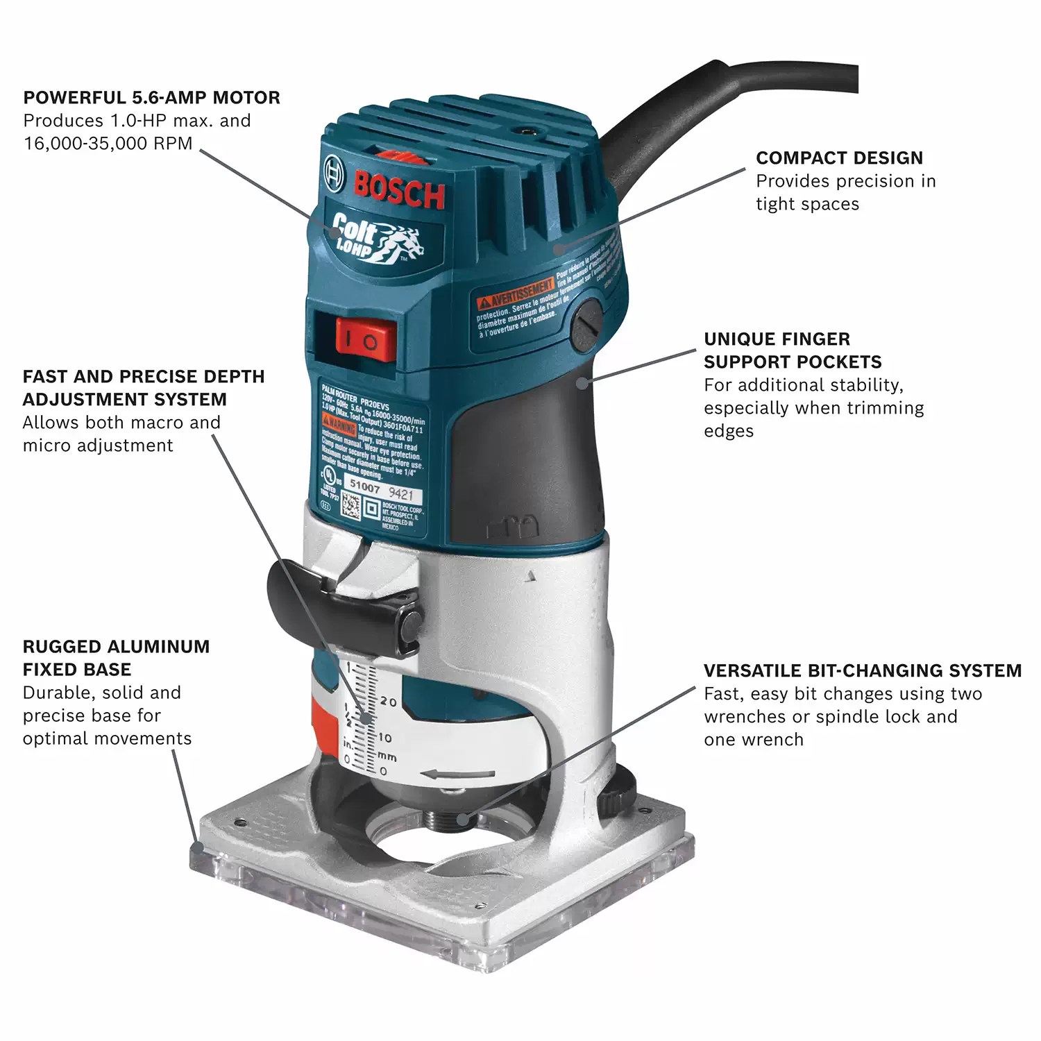 Bosch PR20EVS Corded 1HP Colt Electronic Variable-Speed Palm Router 120V 5.6A