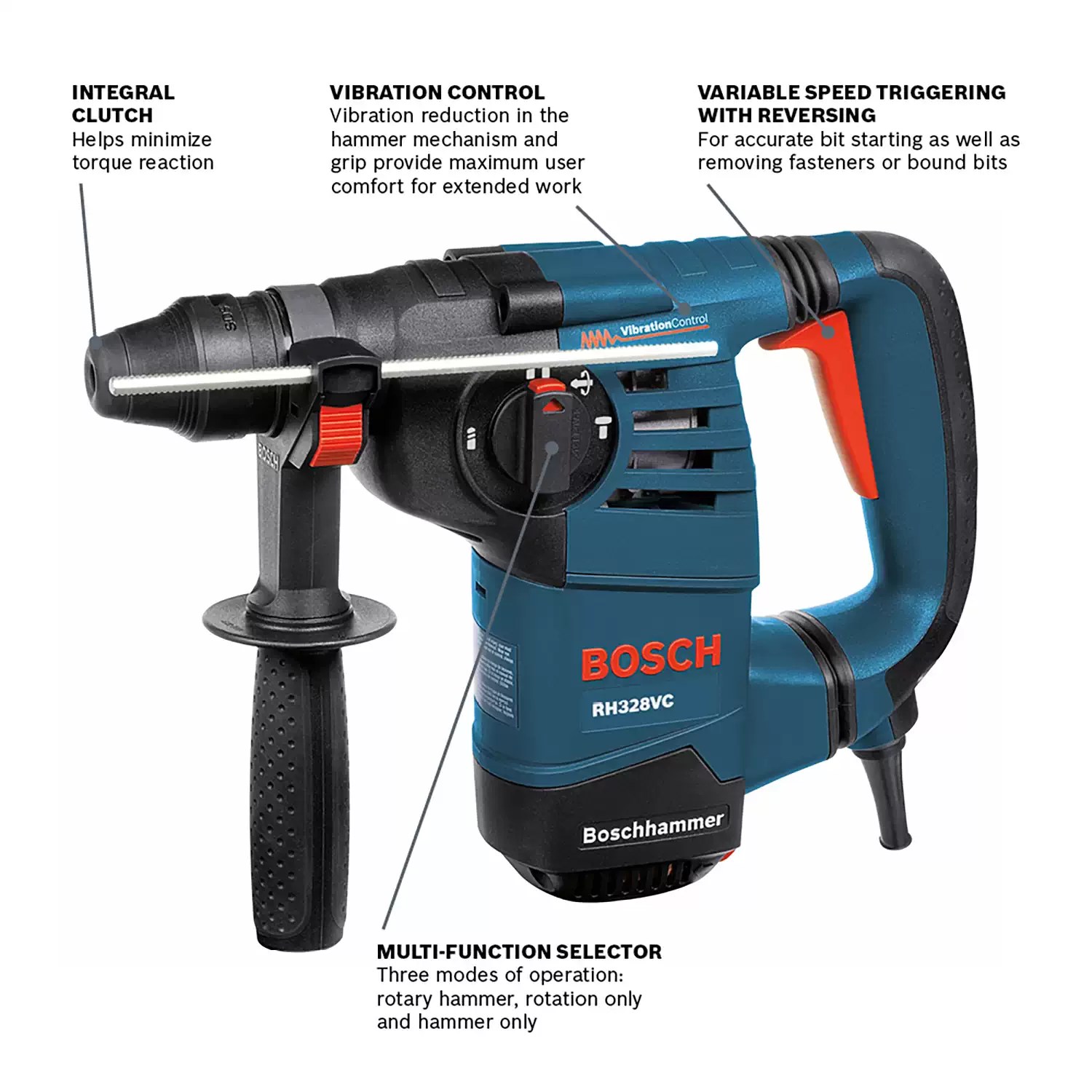 Bosch RH328VC Corded 1-1/8" 3-Mode Variable Speed SDS-Plus Rotary Hammer, 120V 8A