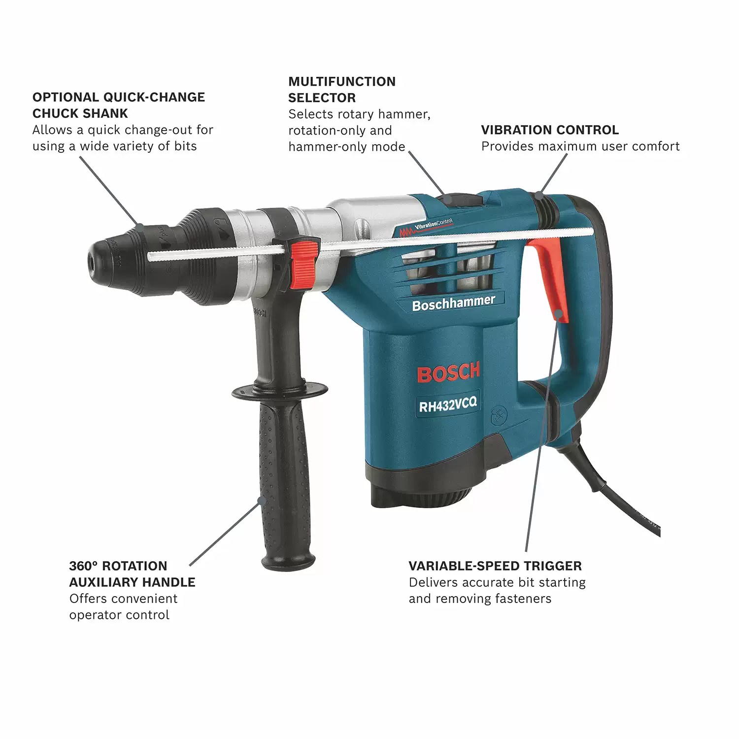 Bosch RH432VCQ Corded 1-1/4" 3-Mode Variable Speed SDS-Plus Rotary Hammer, 120V 8.5A