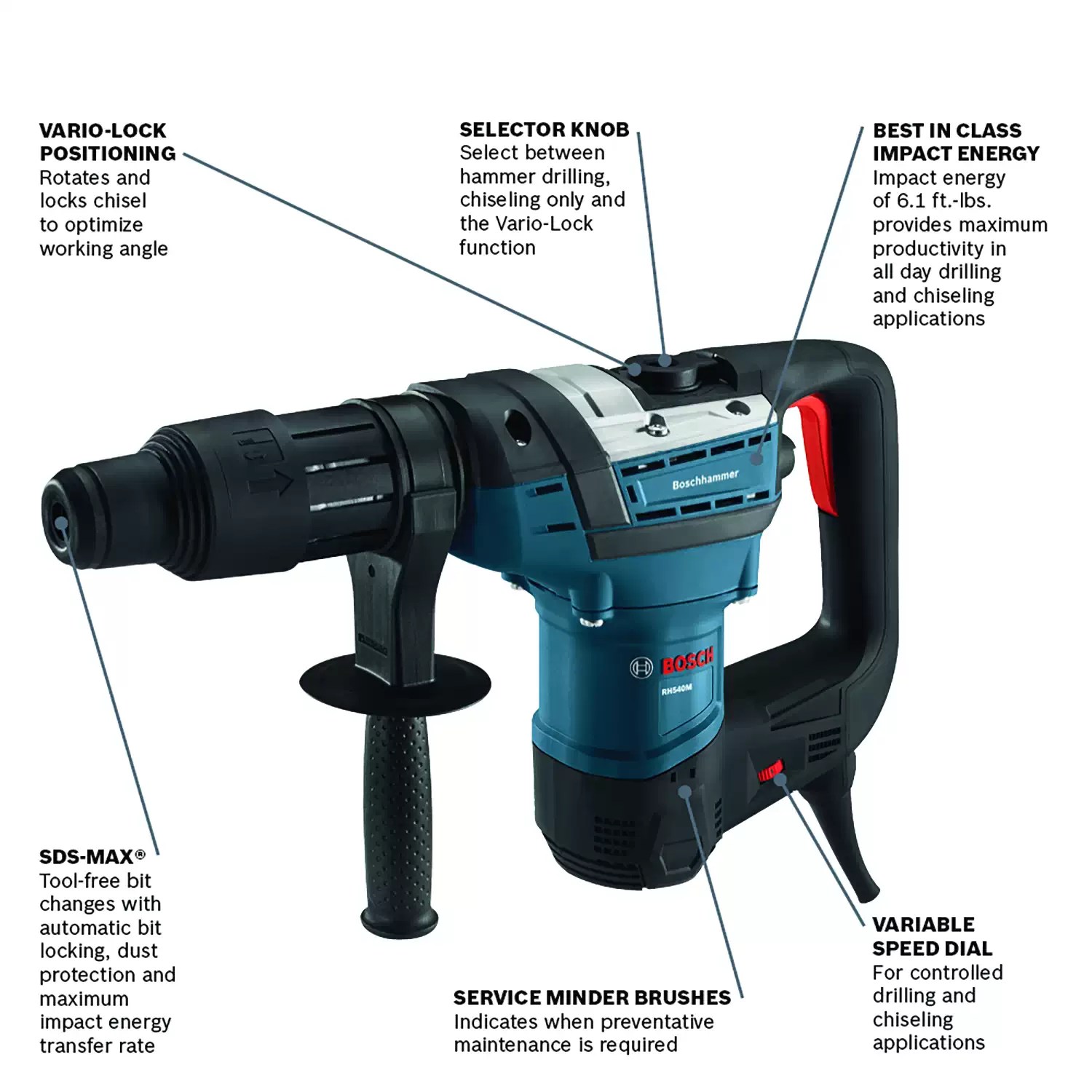 Bosch RH540M Corded 1-9/16" 2-Mode Variable Speed SDS-Max Rotary Hammer, 120V 12A