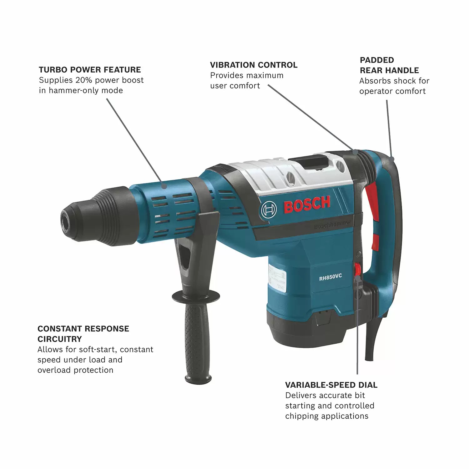 Bosch RH850VC Corded 1-7/8" 2-Mode Variable Speed SDS-Max Rotary Hammer, 120V 15.4A