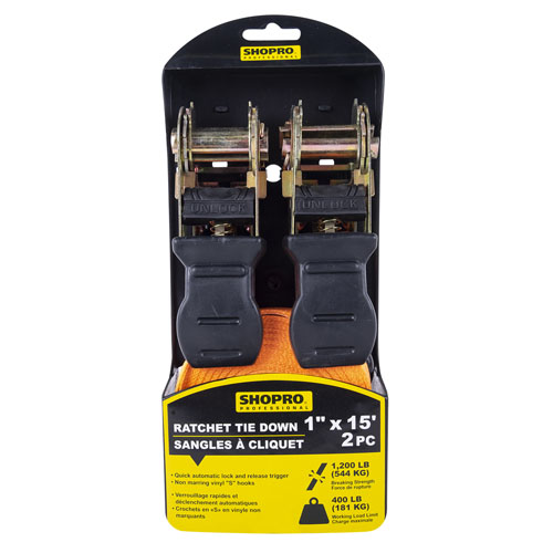SHOPRO R000750 Ratchet TieDown 2Pc 1"x15' HD