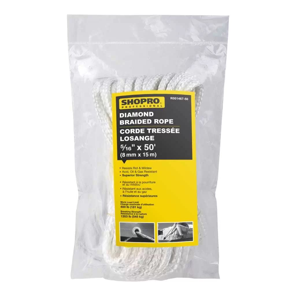 SHOPRO R00146750 5/16" x 50′ White Braided Nylon Rope