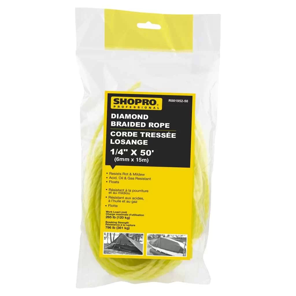 SHOPRO R00195250 1/4" x 50' Yellow Braided Polypropylene Rope
