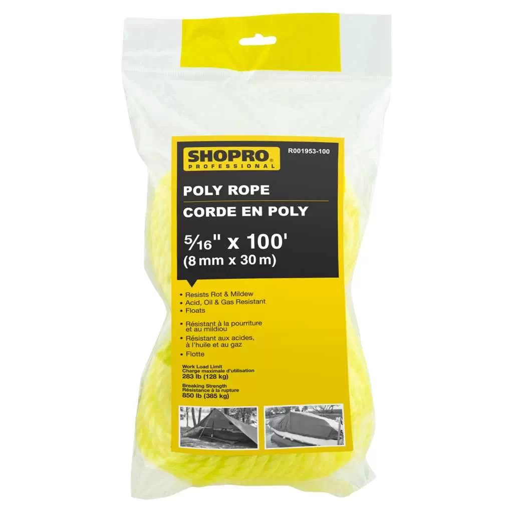 SHOPRO R001953-100 5/16″ x 100′ Yellow Braided Polypropylene Rope
