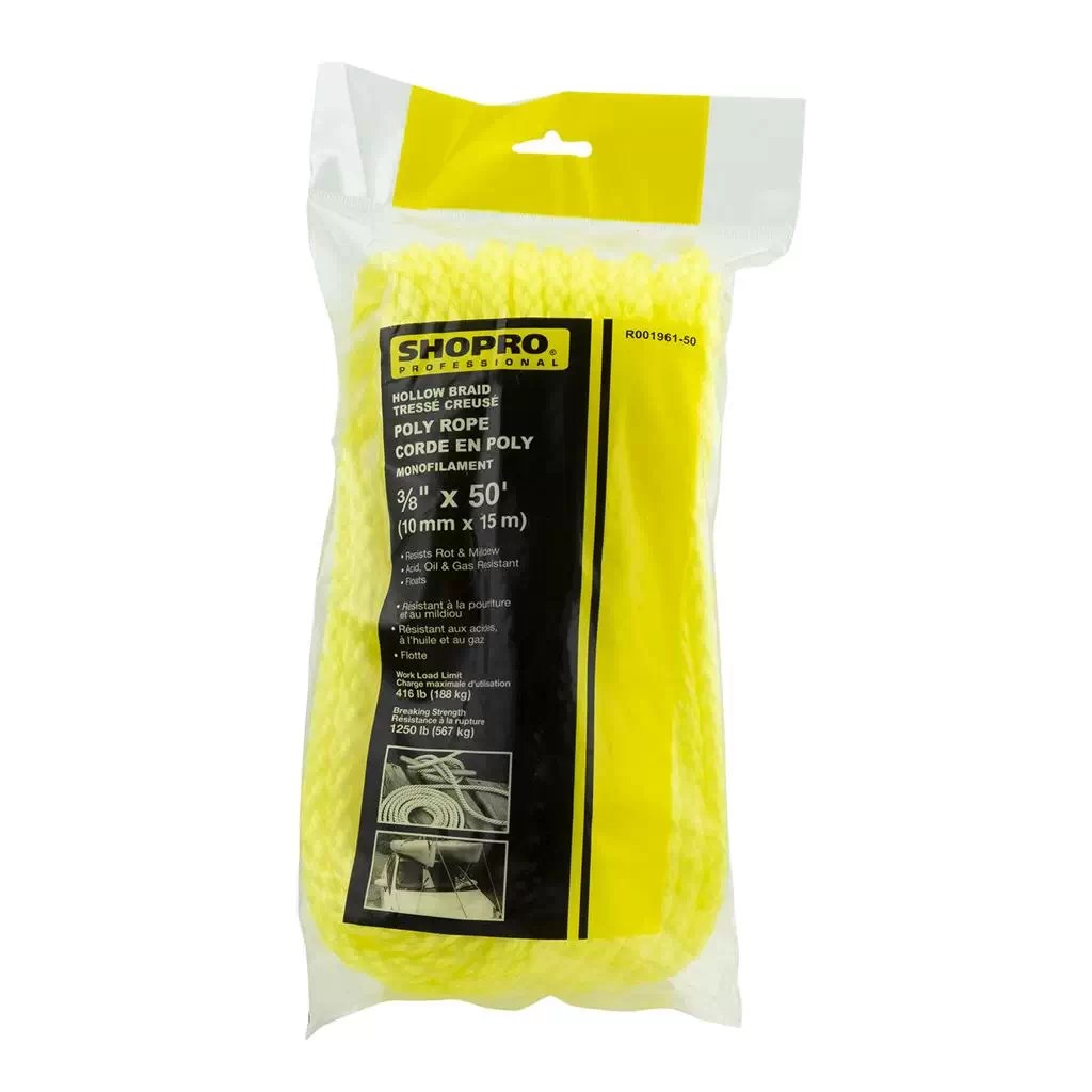 SHOPRO R001961-50 3/8" x 50' Yellow Hollow Braided Monofil Polypropylene Rope