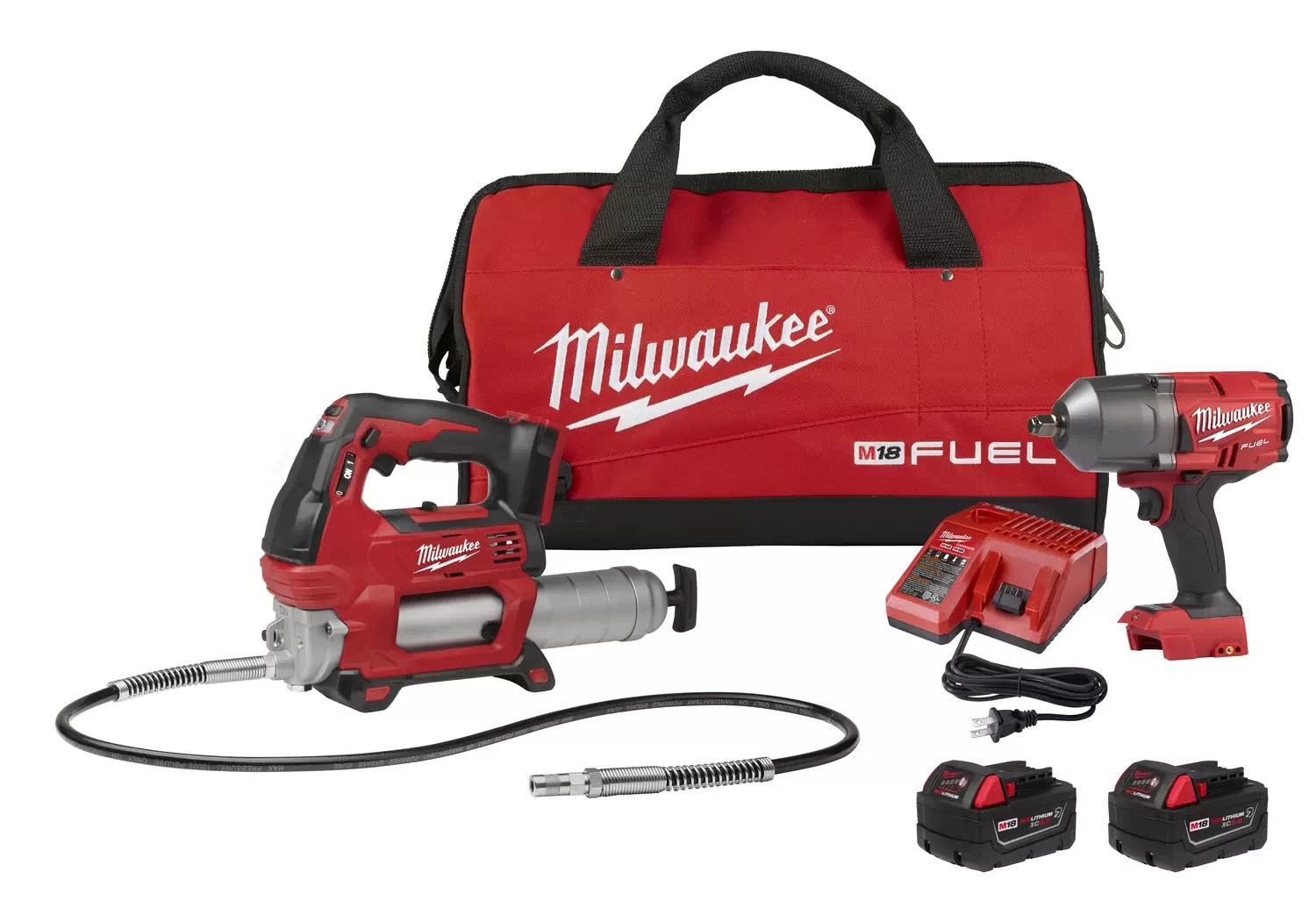 Milwaukee 2767-22GR M18 FUEL 18 Volt Lithium-Ion Brushless Cordless 1/2 in. High Torque Impact Wrench and M18 2-Speed Grease Gun Kit with 5.0 AH Resistant Batteries