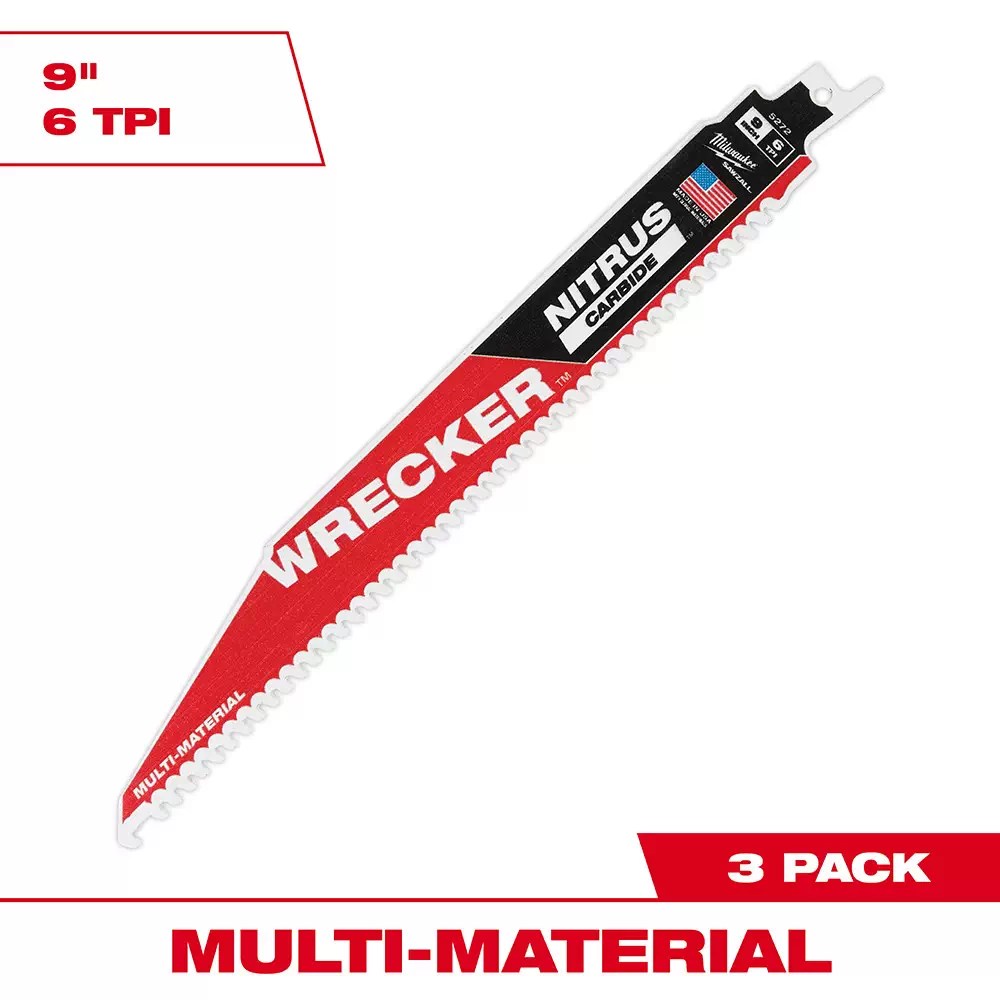 Milwaukee 48-00-5372 9 in. 6 TPI WRECKER Nitrus Carbide Teeth Multi-Material Cutting SAWZALL Reciprocating Saw Blade - 3 Pack